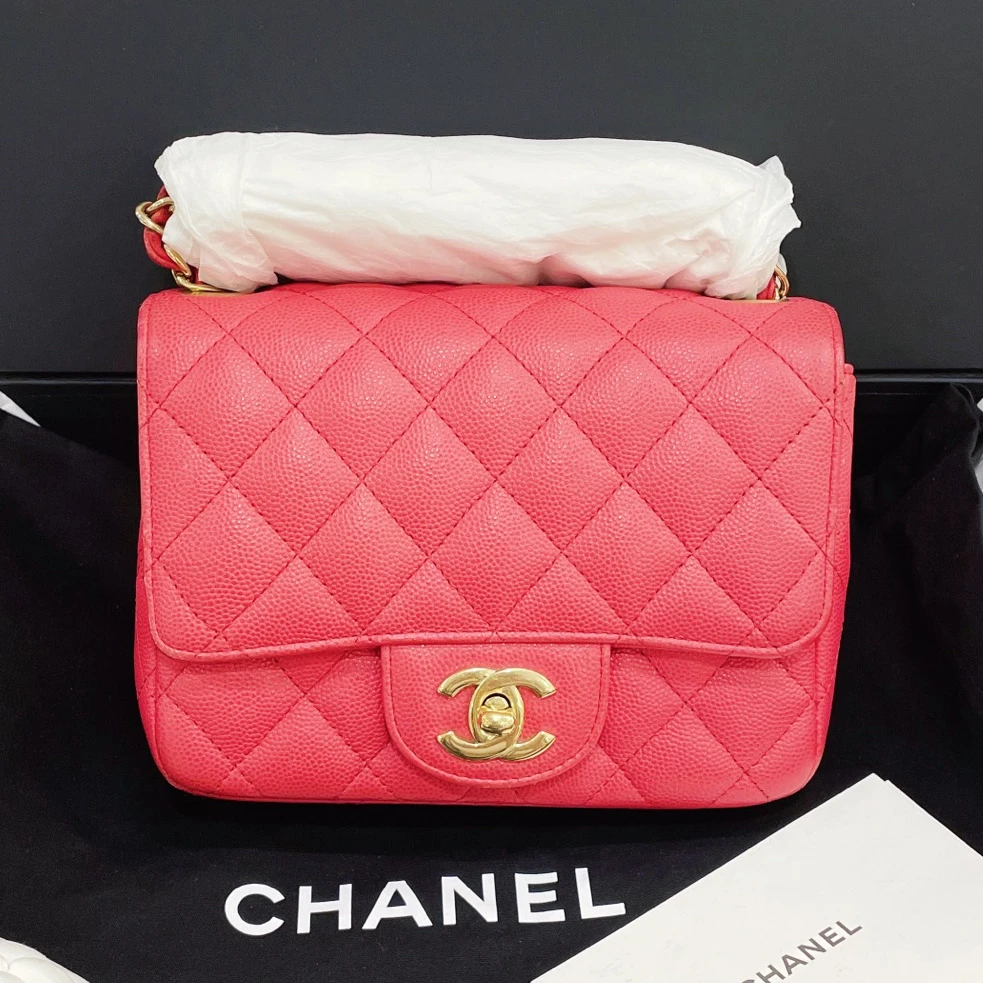 99新 Chanel/香奈儿 粉色荔枝纹金扣方胖子 单肩斜挎包/7SK38915