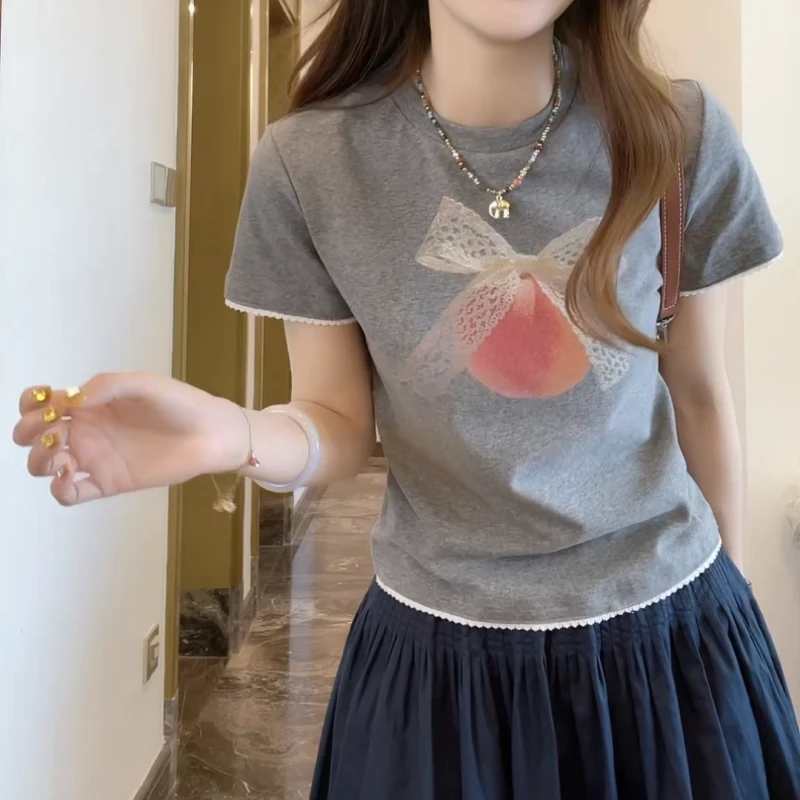 【蝴蝶结桃桃】2025新款夏季时尚百搭可爱印花短袖T恤LK2503530