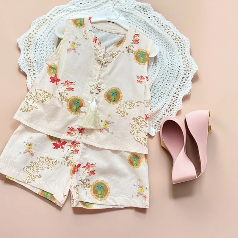 儿童短袖纯棉套装2025中国风夏季宝宝新款两件套无袖中式短袖短裤