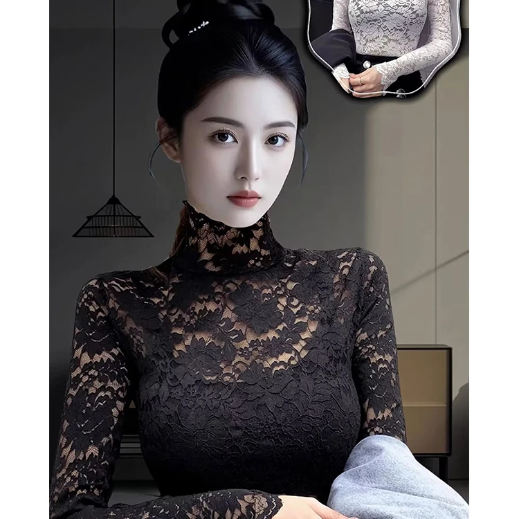 黑色高领蕾丝打底衫女装2025新款深秋初冬穿搭设计感镂空内搭上衣