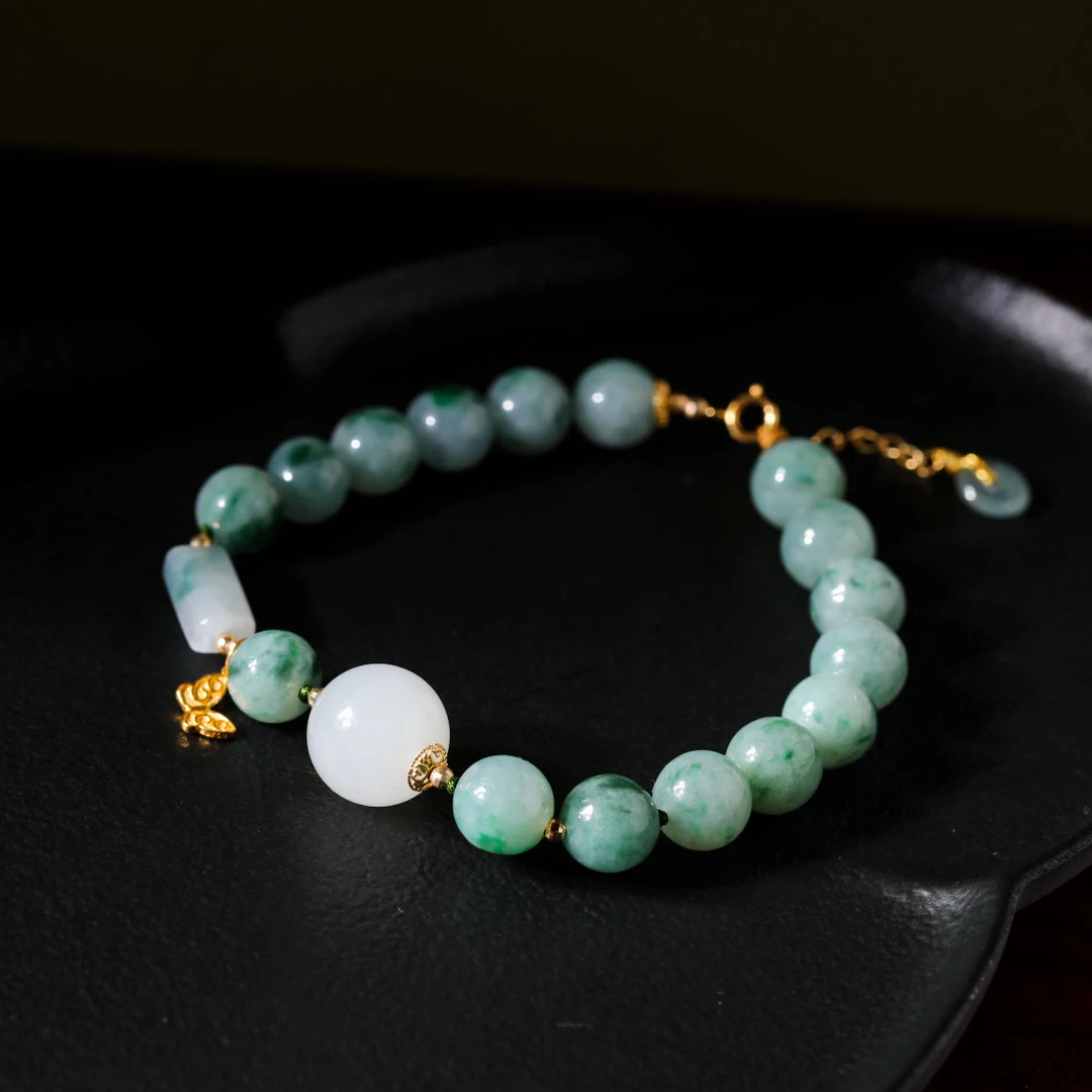 【意婵】《琼花翠》天然典藏级缅A老翡翠单圈手链羊脂玉18K金-911716