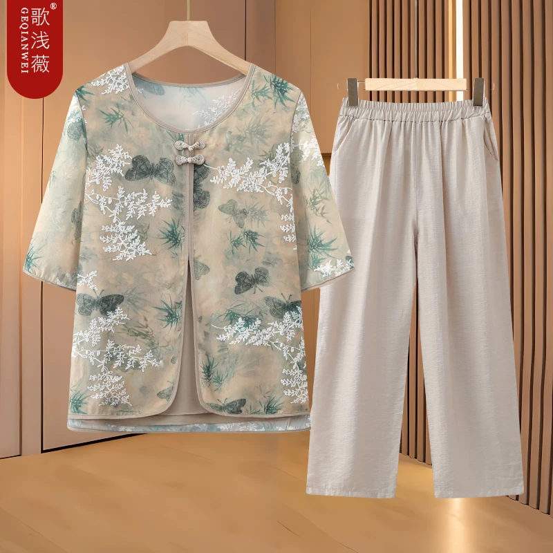 妈妈装夏季假两件T恤女中老年女装2025新款奶奶洋气上衣婆婆夏装