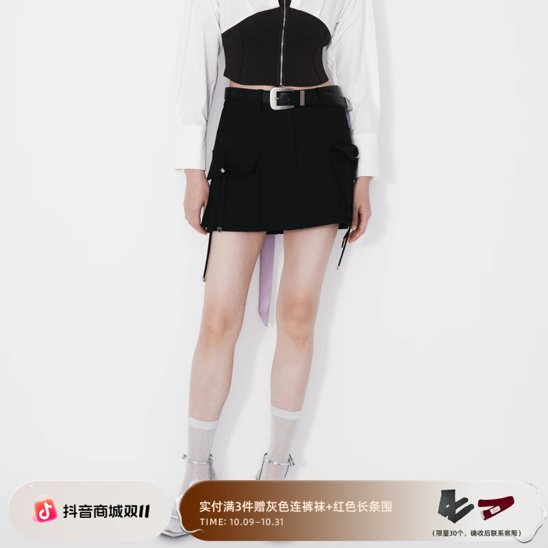 REVAN芮范秋新品甜酷蝴蝶结绑带工装裙RM71501216