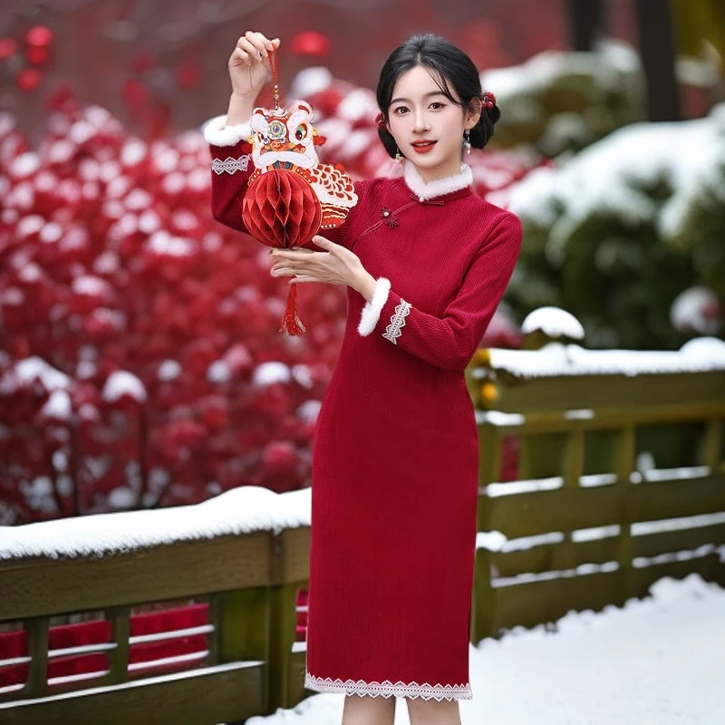 红色旗袍冬季加绒加厚保暖复古冬装新中式国风过年拜年服新年战袍