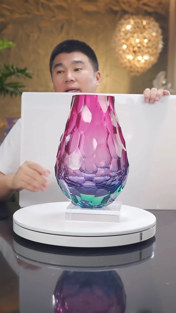 琉璃手工艺品金红湖水蓝凹切面花瓶带底座