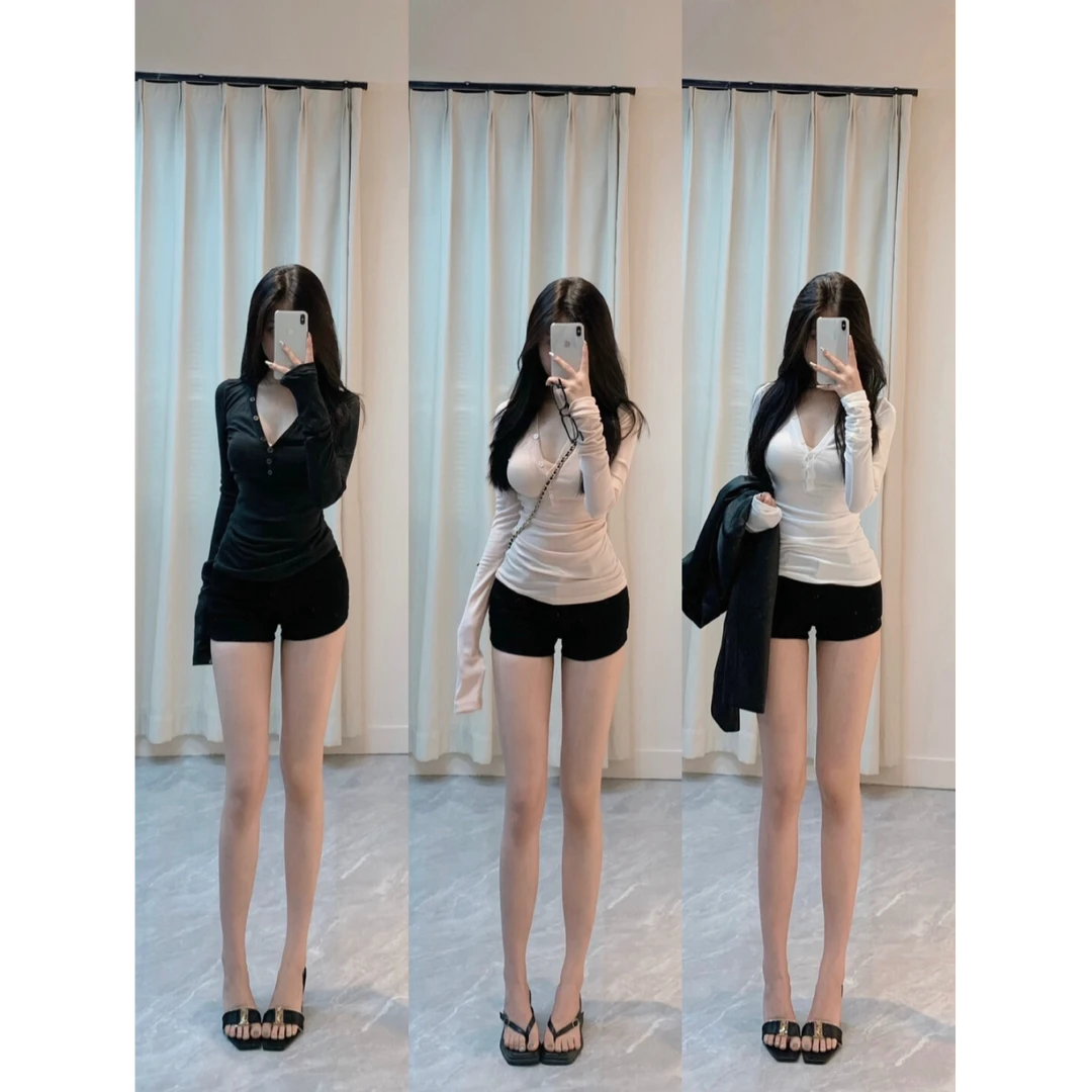 亨利衫V领纽扣纯欲风正肩弹力修身显瘦基础百搭打底衫长袖上衣女