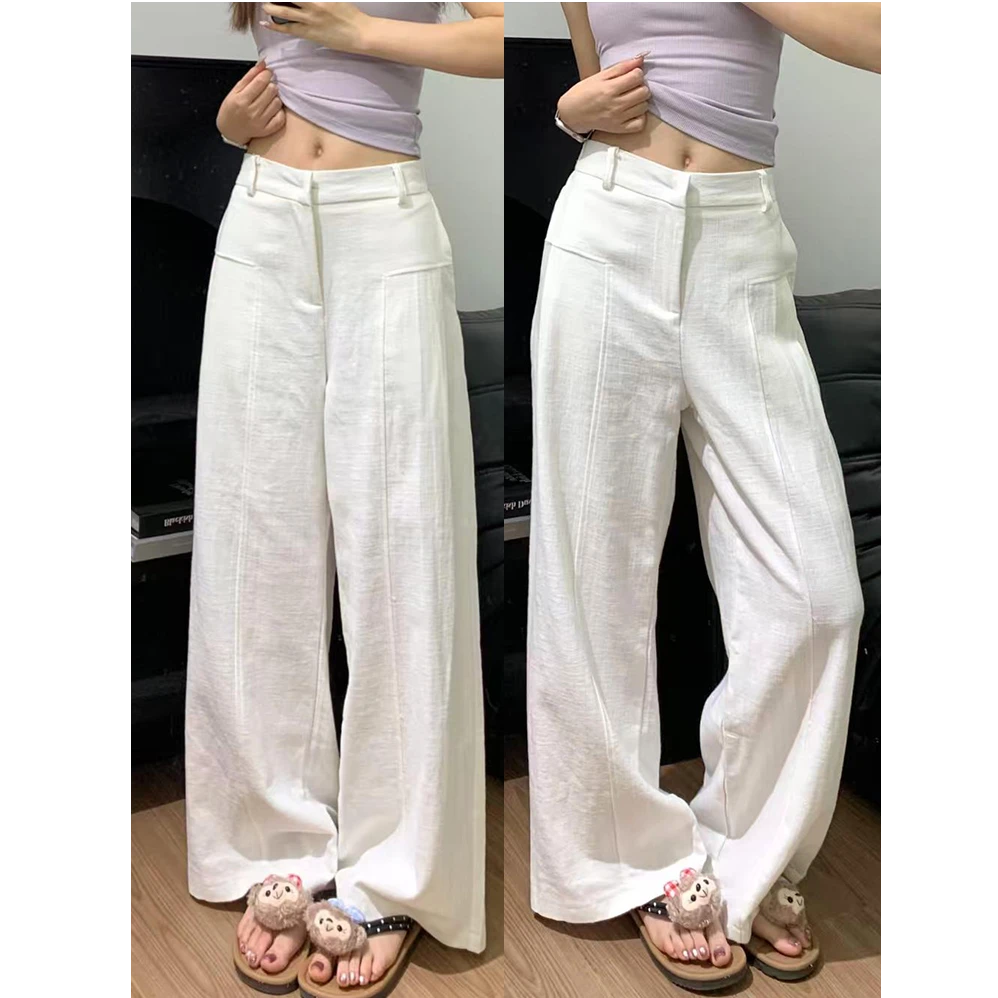 白色阔腿裤子女2025夏季薄款高腰显瘦休闲裤天丝亚麻垂感直筒裤子