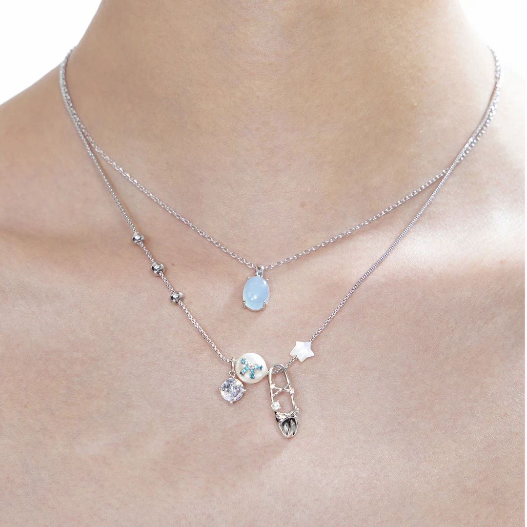 铜合金锆石项链 浮U生物 芭蕾系列原创蓝珠珠舞鞋叠戴珍珠锁骨链