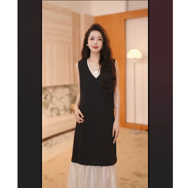 H型法式复古连衣裙黑色无袖夏季拼接长裙V领宽松显瘦