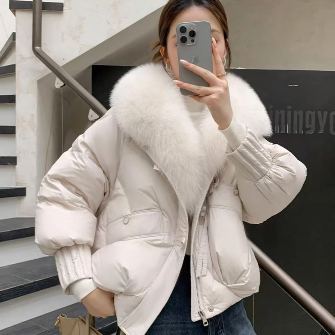 1YT2025冬季新款潮流白色大毛领羽绒服