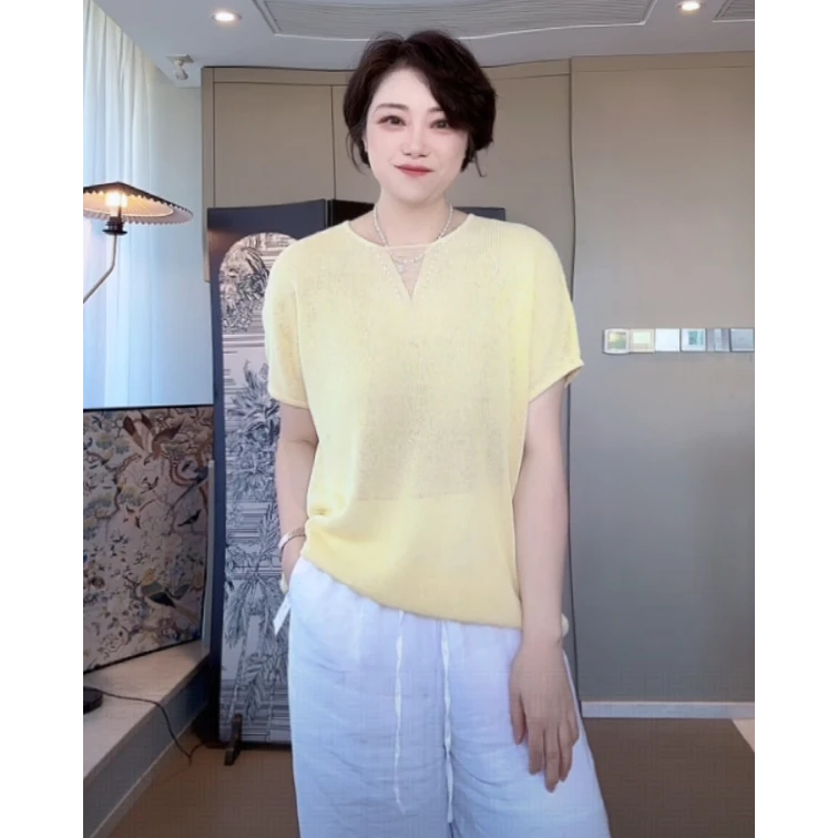 【U.M】 和纸纱镂空针织短袖显瘦清凉剪刀领口大方得体