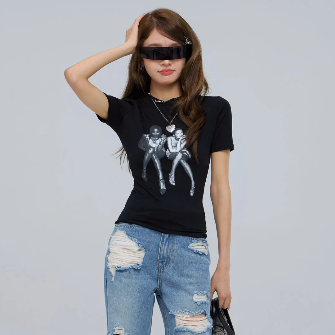 重生小个子夏季新款短袖女日常百搭黑色显瘦印花圆领