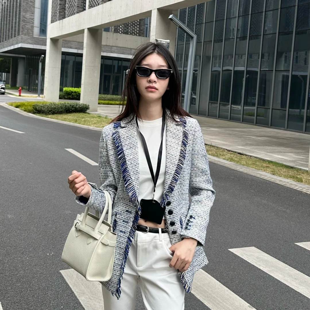 茉澜深蓝色流苏小香风西装外套