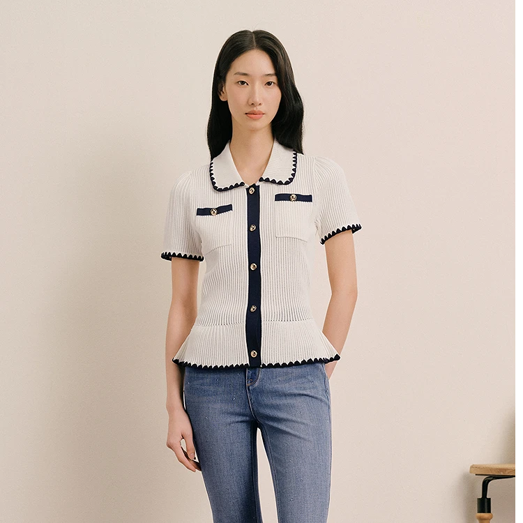 OBBLIGATO奥丽嘉朵2025夏季新品米白撞色边毛织衫1C35206020