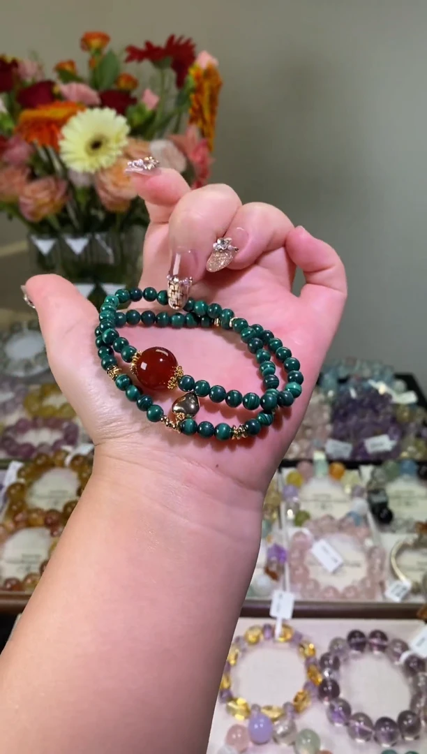 未镶嵌手串水晶孔雀石双圈设计款