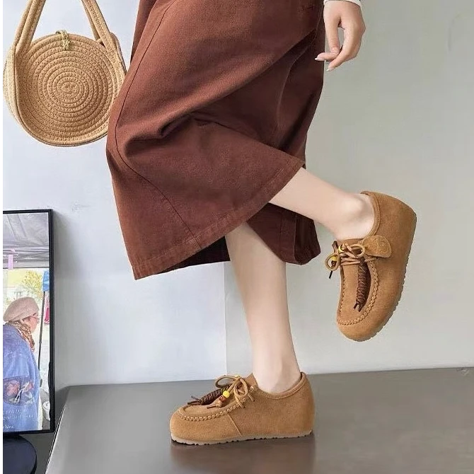 真皮轻便厚底丑萌勃肯鞋女2025秋新款流苏系带内增高休闲袋鼠鞋