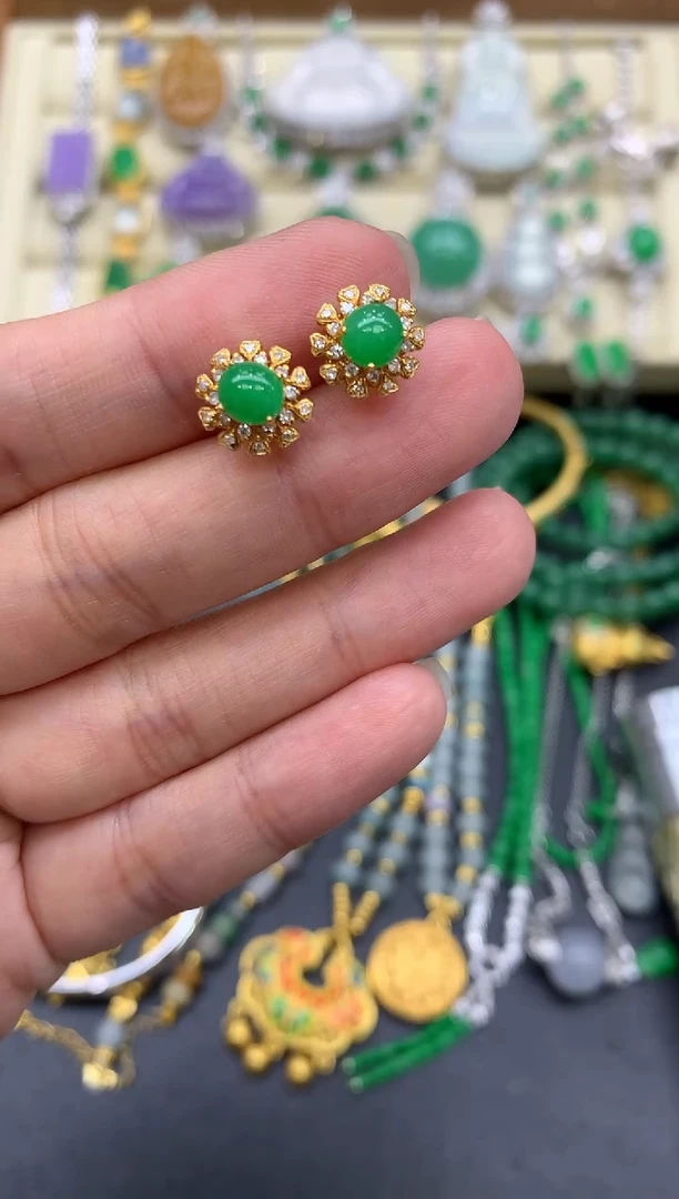 翡翠18K金镶嵌耳饰408-中国好珍宝