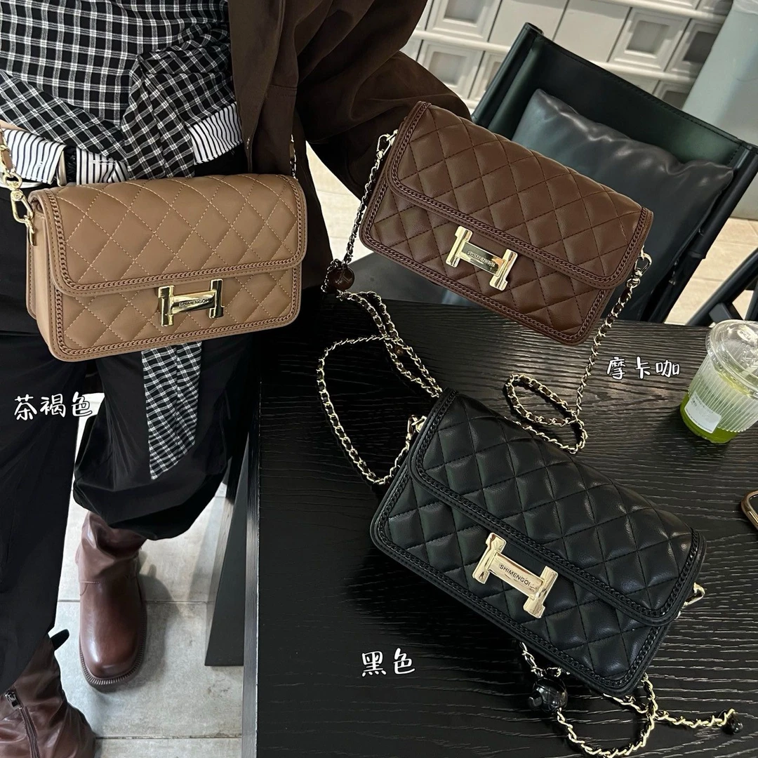 包包肩包小包众格子方形黑色斜挎包百搭菱格车缝线网红洋气单肩女