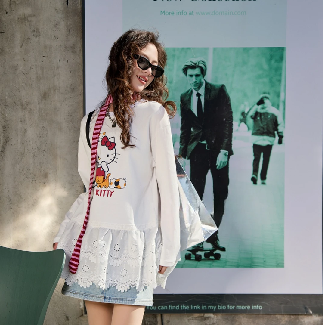 橙子潮童-2025春秋款女童潮流休闲刺绣花边卡通T恤