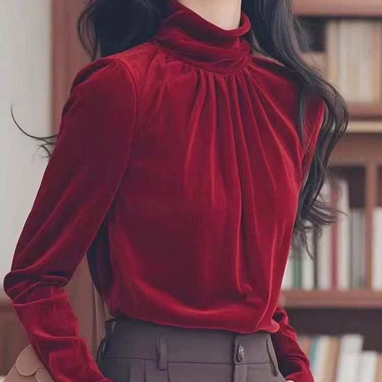 法式半高领金丝绒衬衫女秋冬高级感时尚洋气时髦轻奢内搭打底上衣