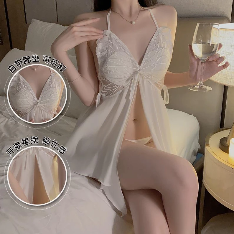 维多利亚缎面睡衣系带蝴蝶结加胸垫不规则裙摆性感睡裙女式家居服