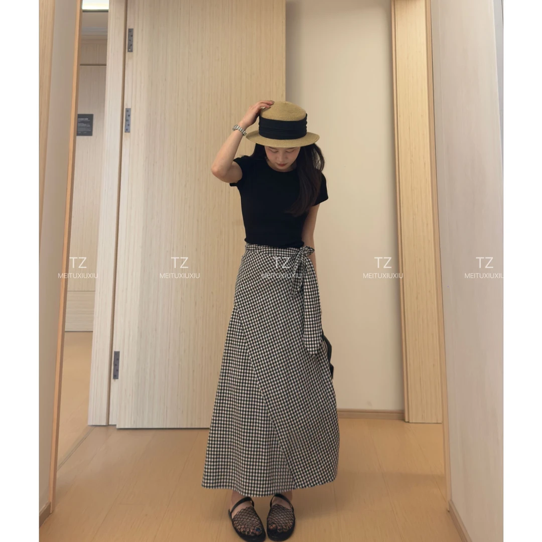 【婷子定制】~150小个子改版春夏款不规则绑带格子半身裙C162
