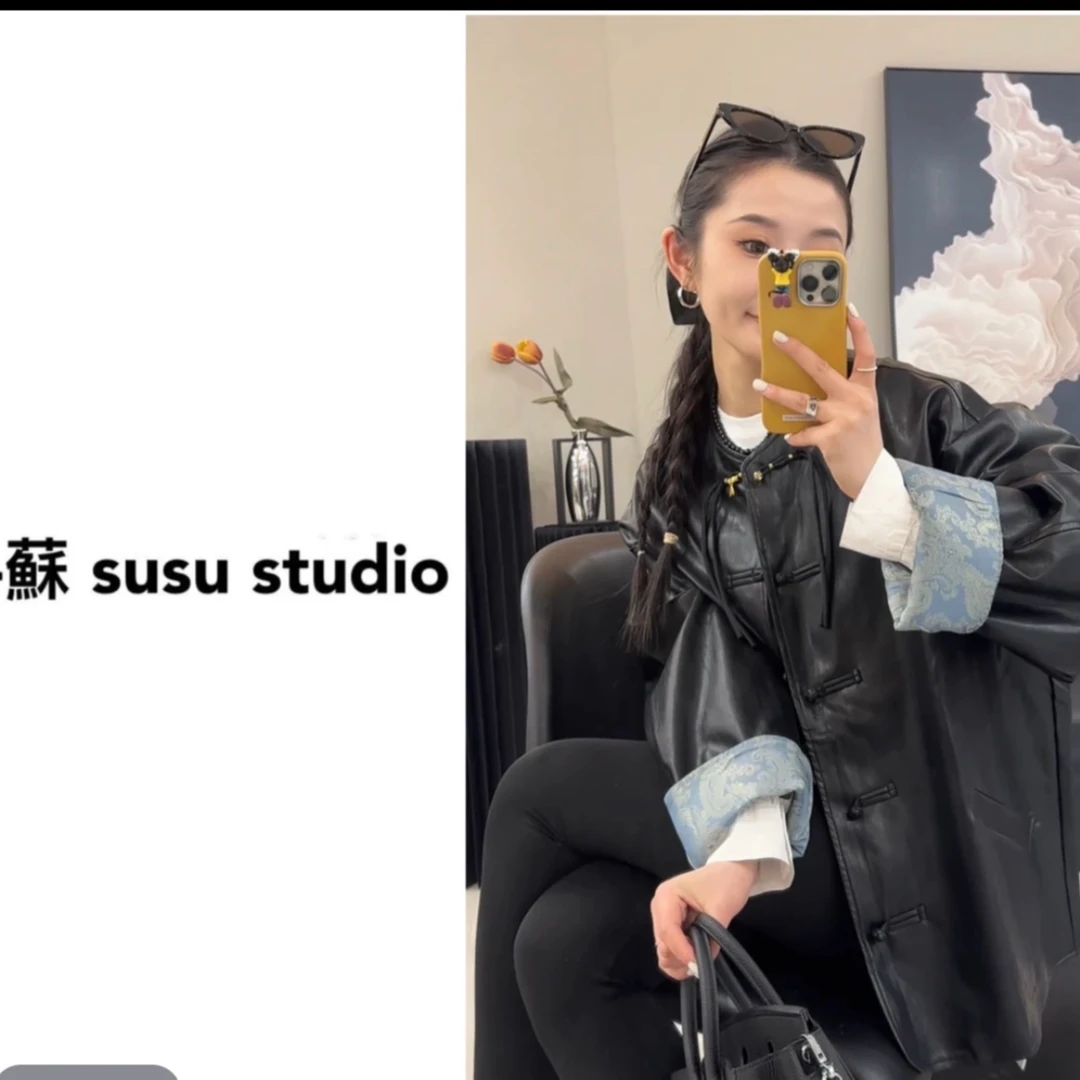 MM新中式黑色皮衣外套2025春季新款设计感休闲PU夹克XX