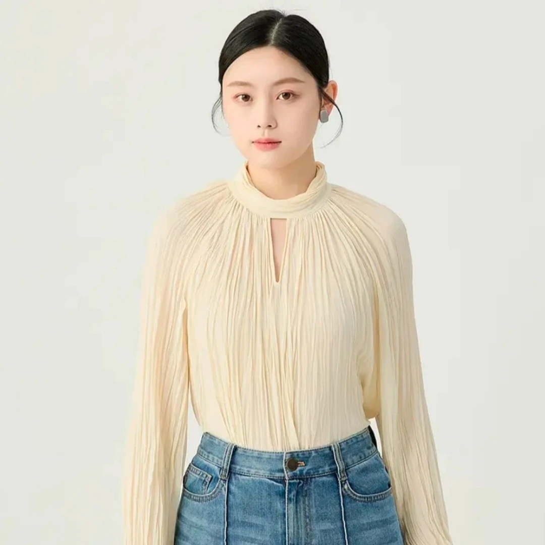 哥弟品质女装新款时尚百搭法式优雅半高领压褶长袖衬衫女-1301045