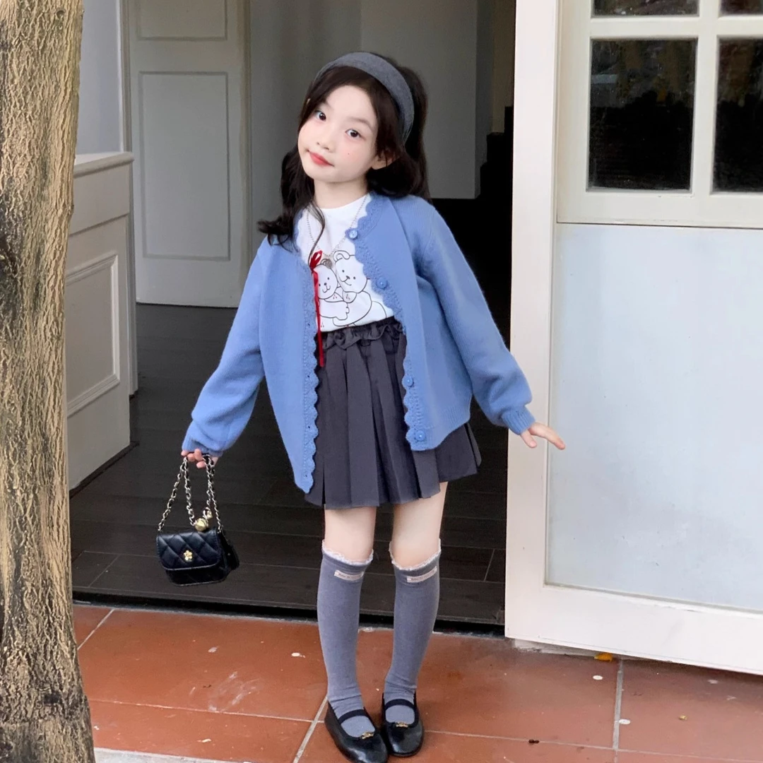 大橙子Studio女童2025新款秋冬韩版云水蓝针织开衫外套百褶裙套装