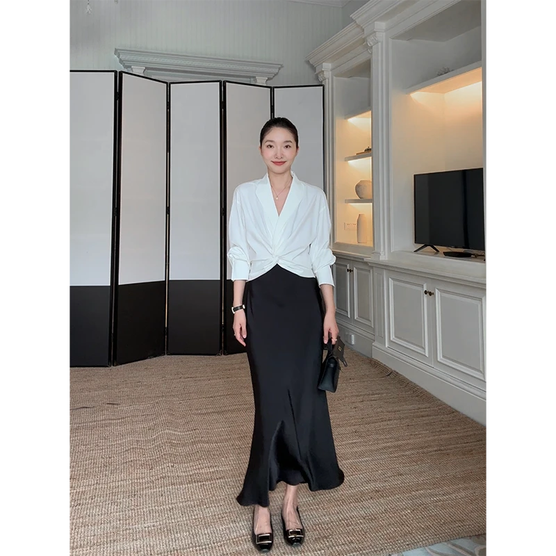 郭九九呢 气质V领扭结设计感白衬衫高腰西装鱼尾裙半裙G924C01247