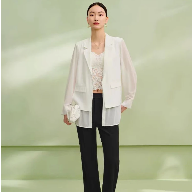【专柜同款】M423303864曼德诗纯色醋酸西服一粒扣长袖雪纺西装