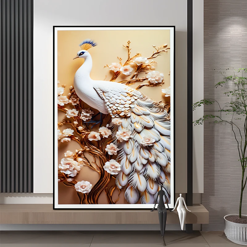 益师傅款高端玄关晶瓷装饰画客厅 入户壁画走廊过道挂画孔雀80120