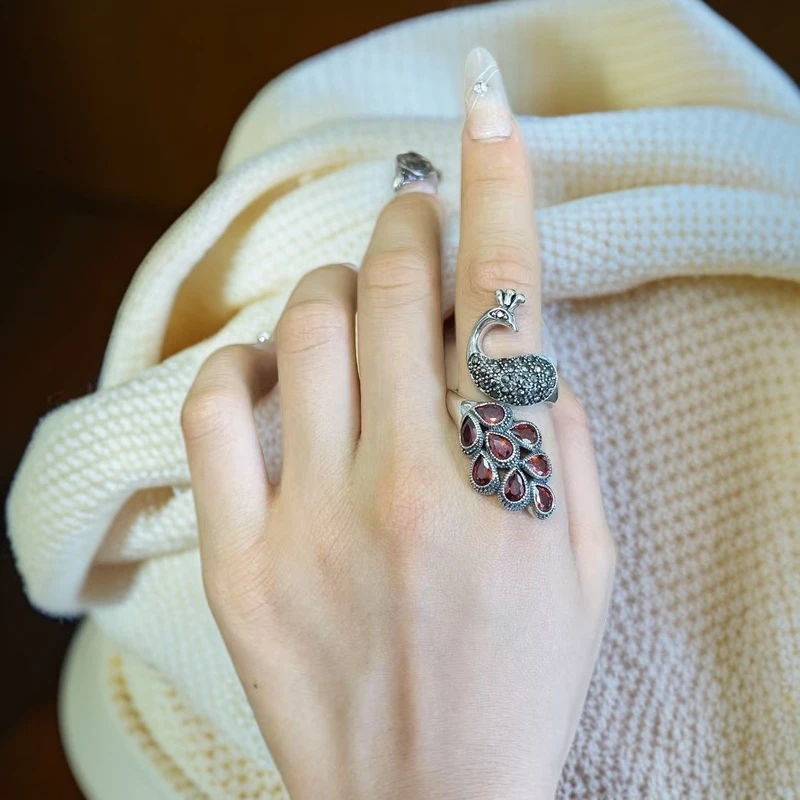 LYliuyng 925银锆石戒指  孔雀镶嵌银戒指网红款复古个性手工素款