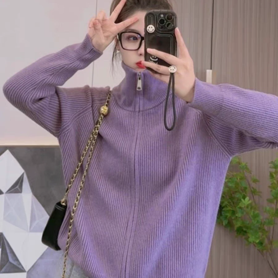 清-汤圆吖香芋紫立领双拉链针织开衫293133