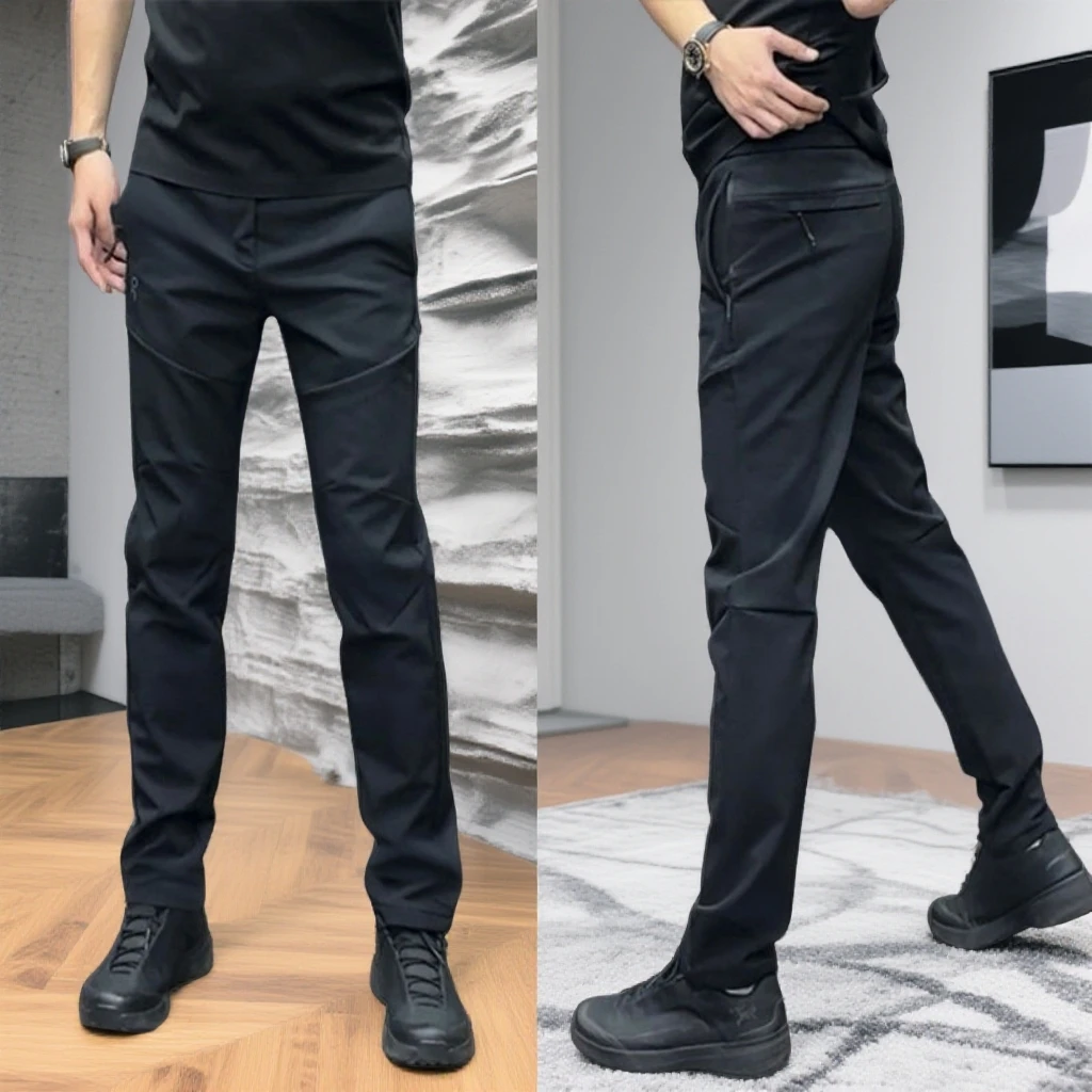 秋冬男士黑色直筒裤工装风宽松加绒修身冲锋户外休闲裤松紧腰裤子
