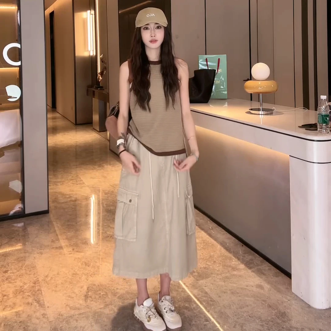 PCNY「棕褐逸情」不理理夏季新款小众女拼色设计装拉链款背心吊带女