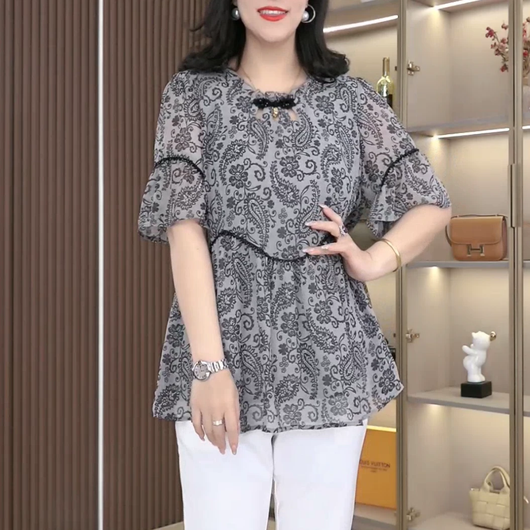 丹思慕夏季新款显瘦气质复古串珠百搭显瘦宽松上衣ZB7592