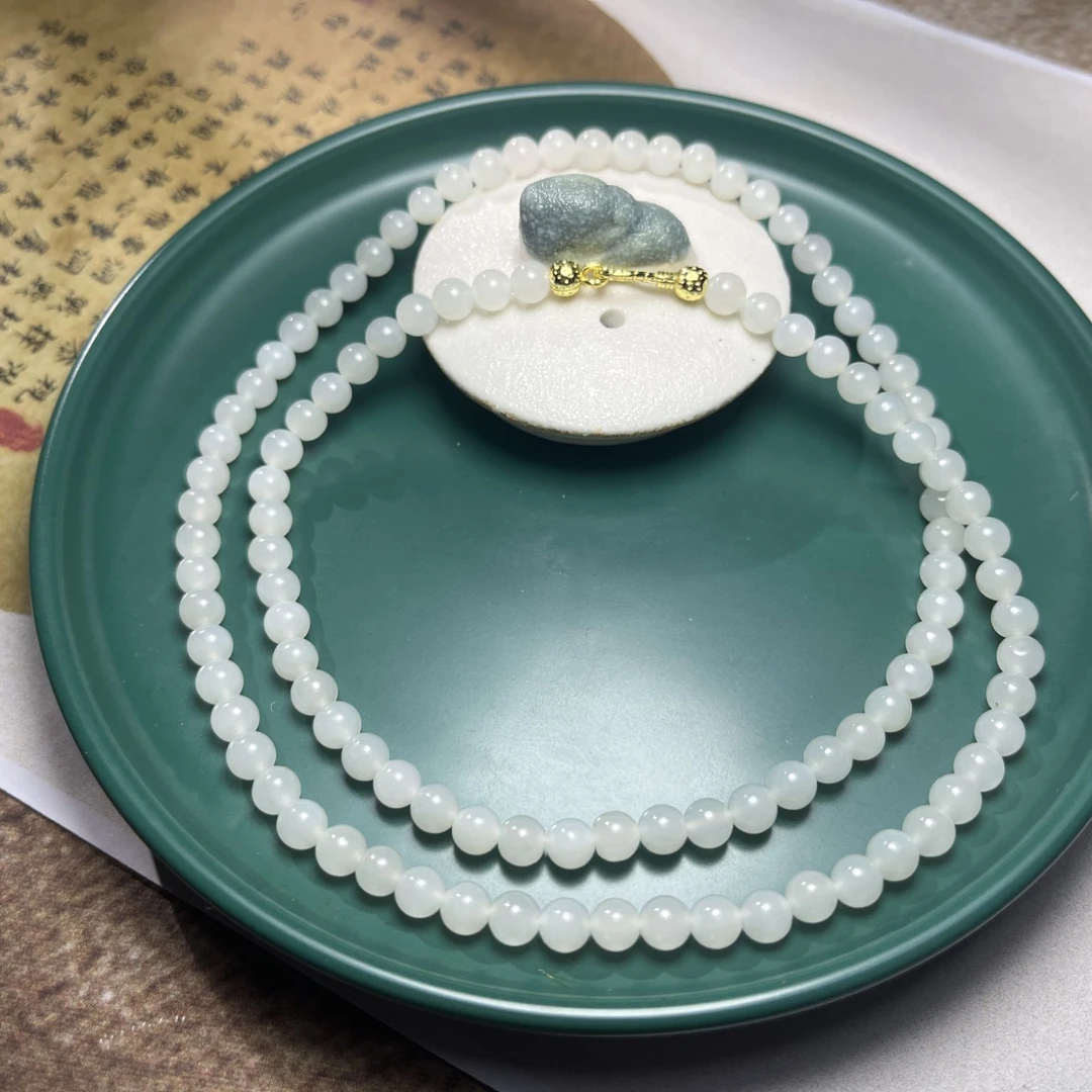 新疆和田玉于阗老坑冰底白玉108颗卡6-5mm长链多样性发一鑫浩矿业