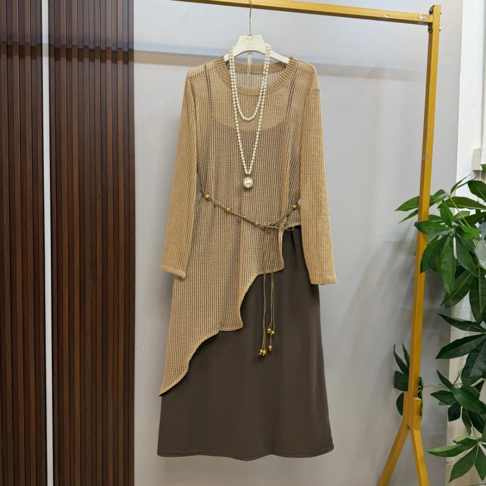 早秋新款大码女装时尚气质不规则针织外搭吊带连衣裙两件套套装