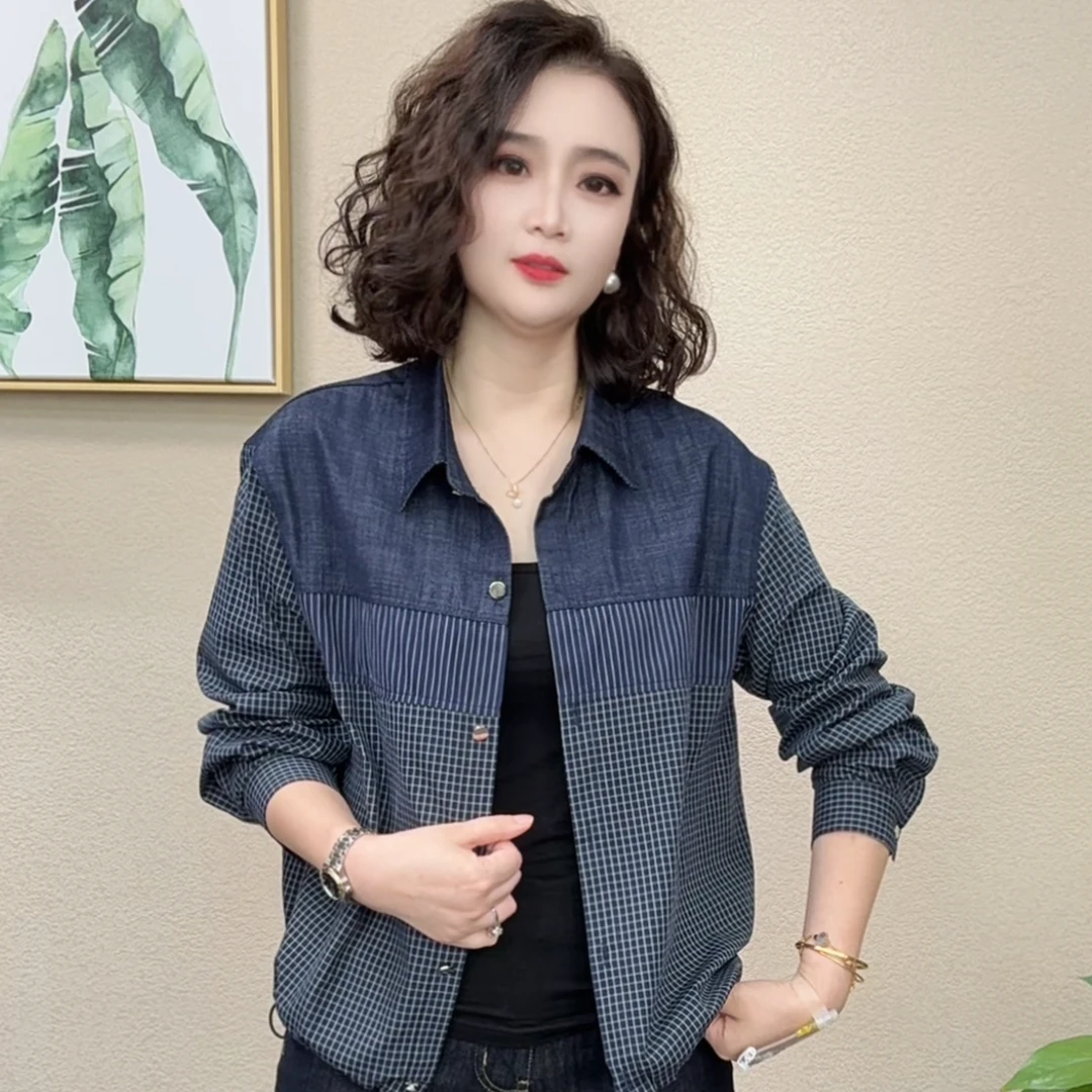 2025秋季新款洋气时尚休闲百搭宽松牛仔条纹拼接长袖衬衫#487541