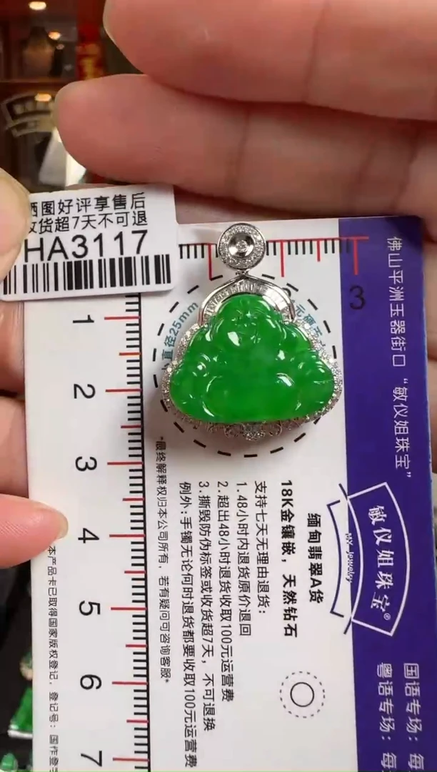 翡翠18K金镶嵌颈饰HA3117冰辣绿佛公