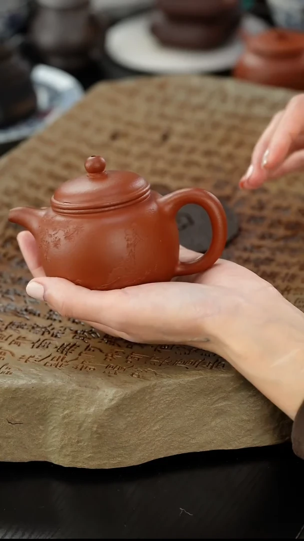 茶壶紫砂粗砂朱泥匏尊刻绘170cc