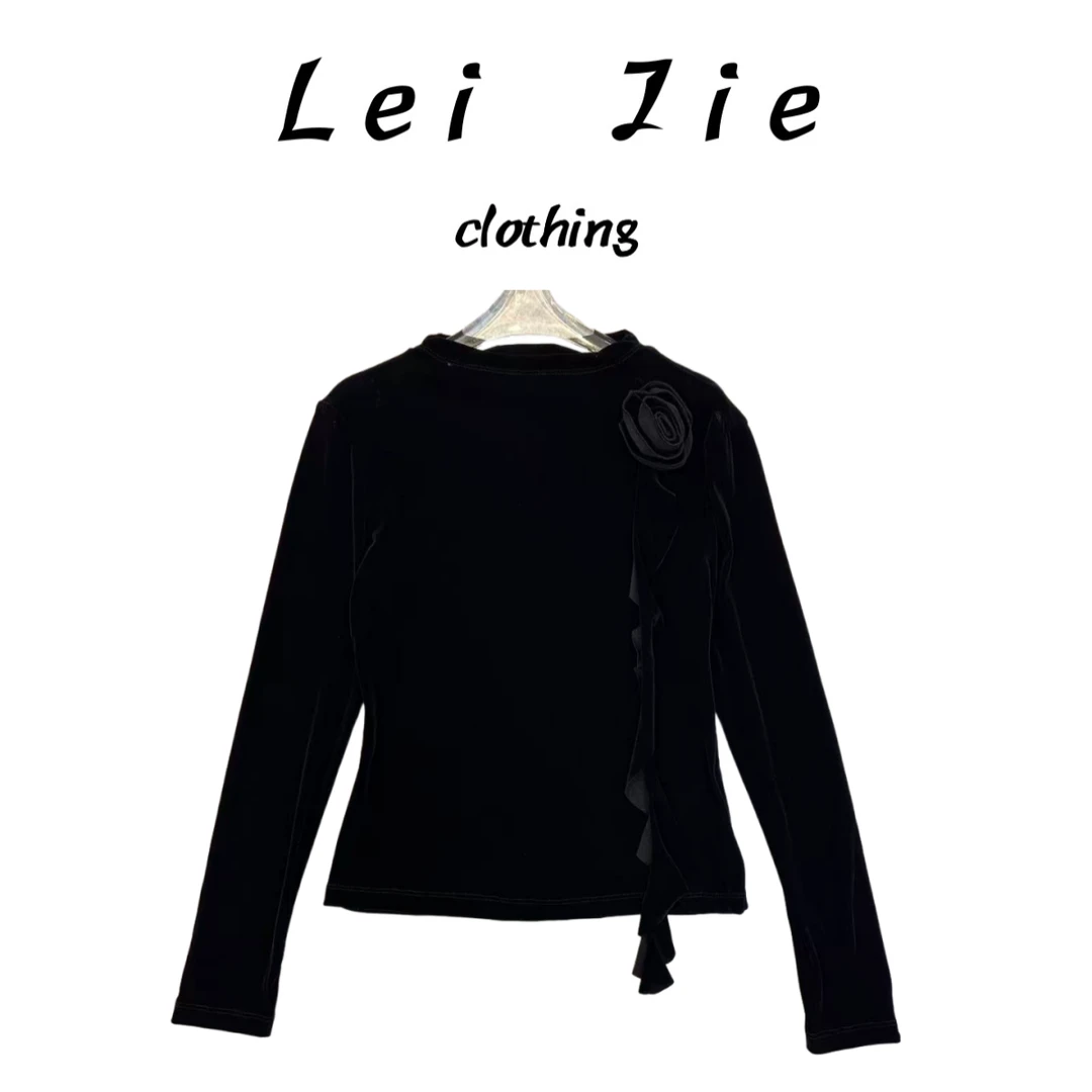 【Lei Jie】小女人玫瑰花长袖植绒小衫5133