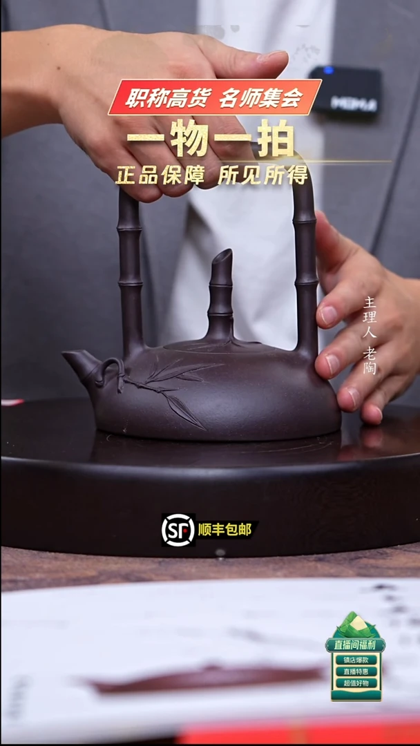 茶壶紫砂紫玉金砂竹段竹节提梁330cc