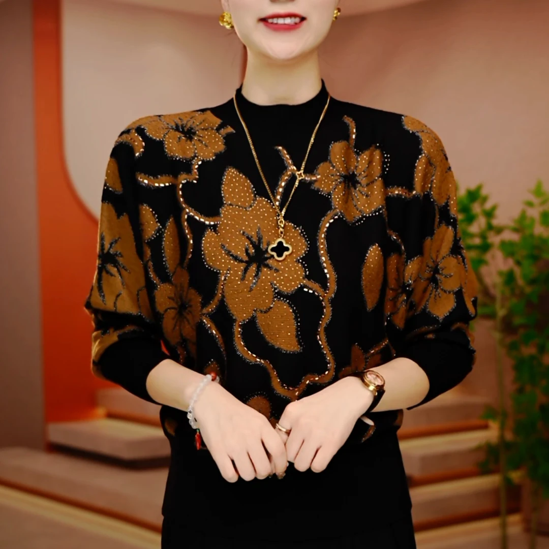 秋冬新款百搭显瘦减龄舒适透气女针织提花V领衫上衣-D251162