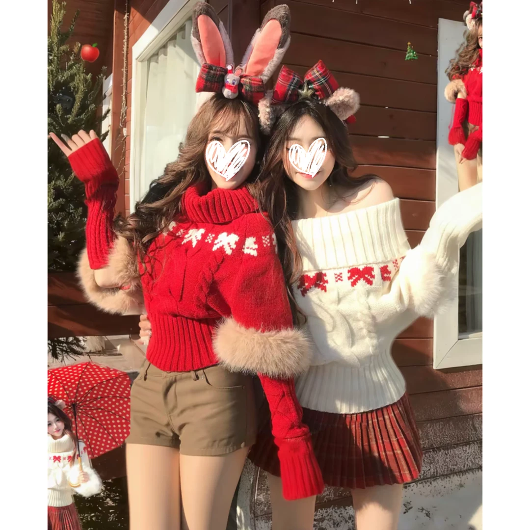 圣诞新年红毛衣秋冬氛围感显白毛衣一字肩毛领洋气针织上衣