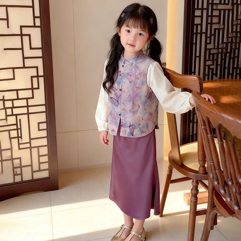 元旦节女童旗袍儿童国风新中式套装秋季小女孩紫色马甲超仙汉服裙