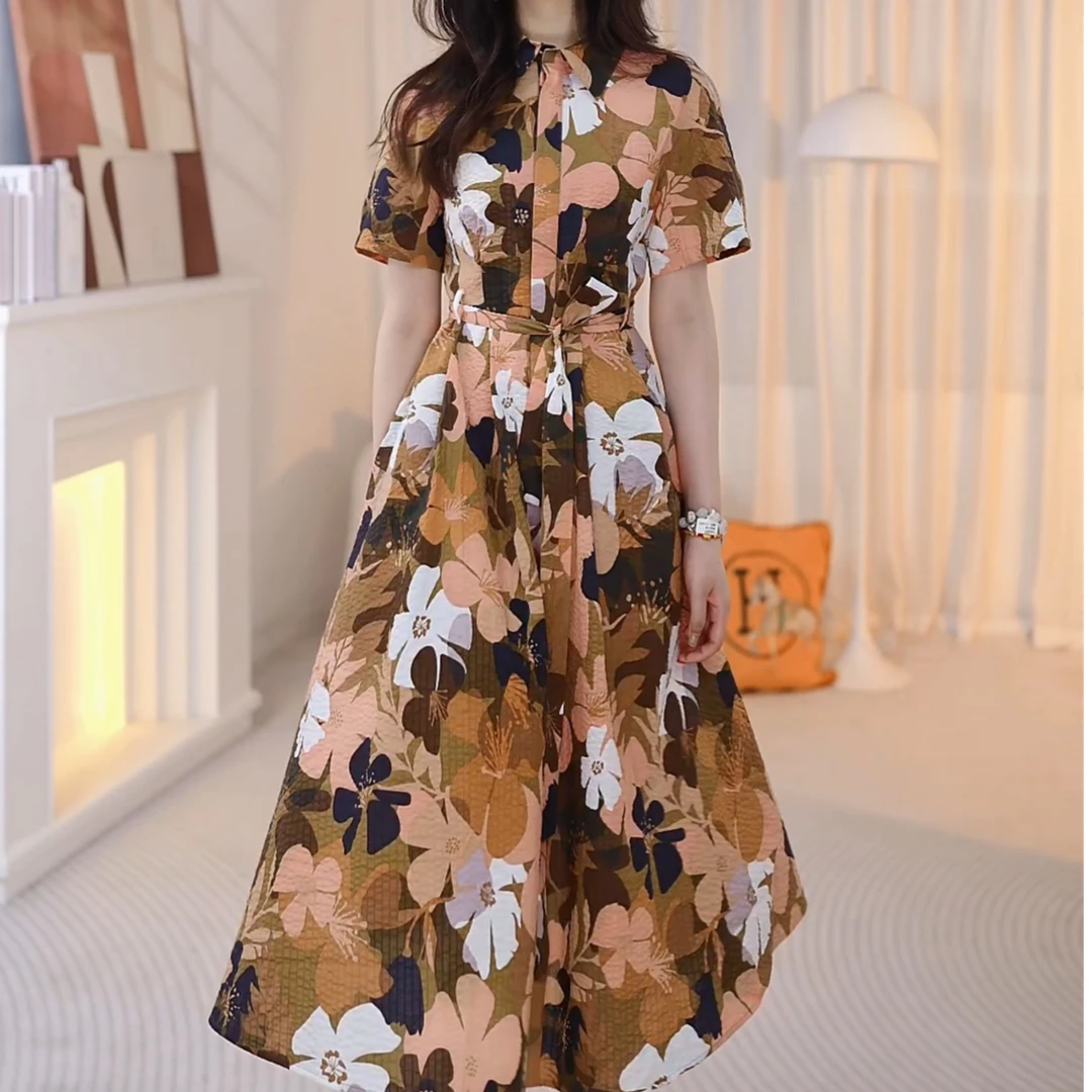 AMASS/阿玛施透气印花翻领夏季中长款碎花女装收腰连衣裙550052