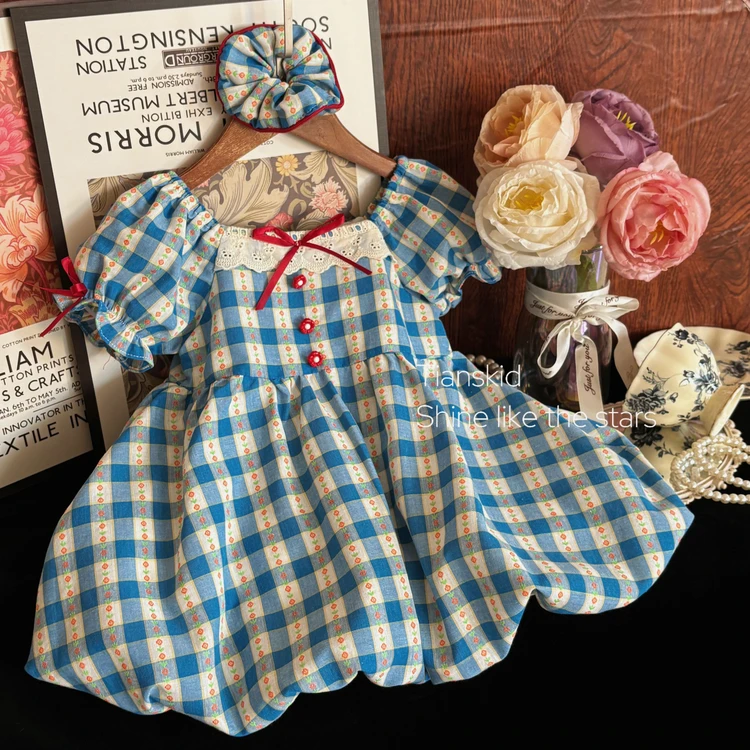 韩国女童夏季连衣裙新款蓝色格子短袖法式花苞A字裙2儿童