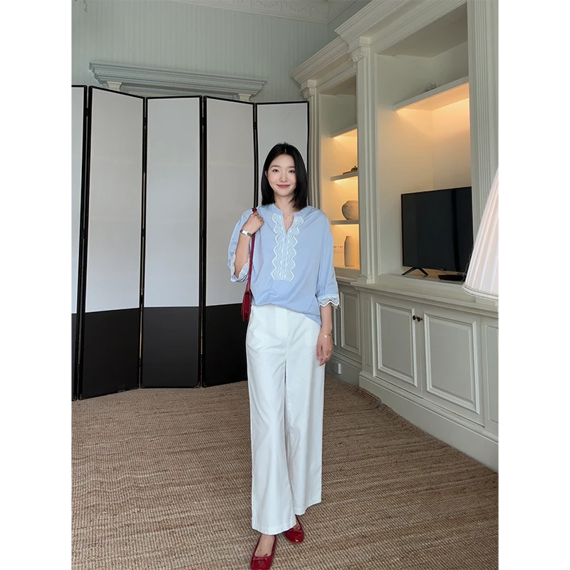 郭九九呢 天丝棉百搭简约九分直筒裤法式花边拼接衬衫 G925K07300